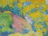 a painting of a woman sitting on a bench in a park