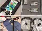quatre photos : un snowboard, un snowboard, un vélo et une valise