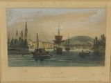 painting of a view of a harbor with boats and buildings in the background