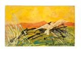 an image of a painting of a bird flying over a field