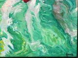 a painting of a woman swimming in the ocean with a red umbrella