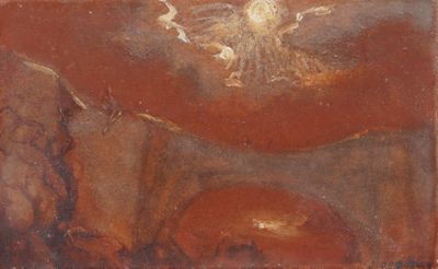 an image of a painting of a bird flying over a mountain