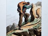 une illustration représentant un homme avec un sac à dos au sommet d'une montagne