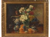 painting of a still life of flowers and fruit on a table