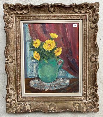 a painting of sunflowers in a green vase on a table