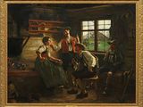 une image représentant un tableau où l'on voit une famille dans une cabane, près d'une fenêtre