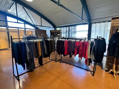 a lot of clothes hanging on a rack in a room
