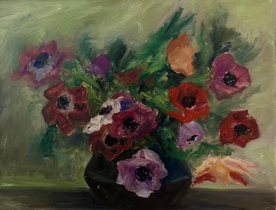 une peinture de fleurs dans un vase sur une table