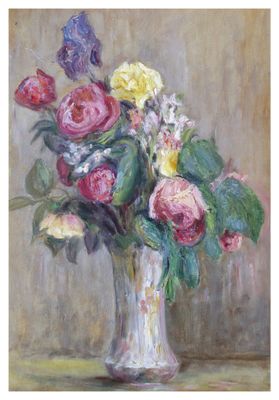 a painting of flowers in a vase on a table