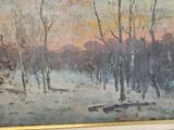 a painting of a snowy landscape with trees in the foreground