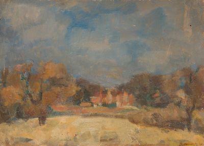 l'image d'une peinture représentant un champ avec une maison au loin
