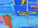 a painting of a boat on the water with a sky background