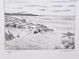 pencil drawing of a beach scene with sand dunes and a fence