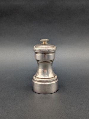 an image of a silver pepper shaker on a black background