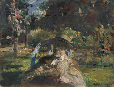 un tableau représentant une femme assise dans un parc avec un parapluie