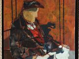 an oil painting of a woman sitting in a chair with a cat