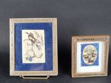 two framed pictures of a woman and a child on a black background