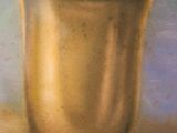 a painting of a gold vase with yellow flowers in it