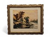 une vieille photo représentant une peinture d'une maison au bord d'une rivière