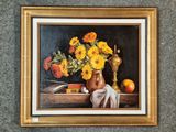 une peinture de fleurs dans un vase sur une table