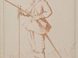 un vieux dessin représentant un homme avec une épée et un chapeau