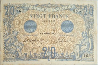 20 francs bleu ,07/9/1906 , quelques taches, 1 épinglage, TT…