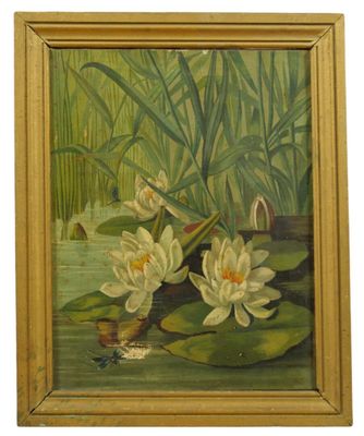 un tableau représentant des nénuphars dans un étang bordé de roseaux