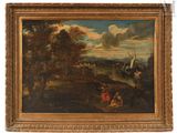 a painting of a landscape with a man and a woman in the foreground