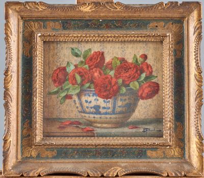 painting of red roses in a blue and white vase on a table