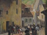 painting of a group of people walking down a street next to a building