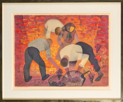 tableau représentant trois hommes travaillant dans un champ, avec un seau rempli de raisins