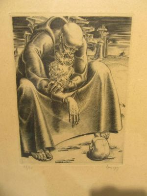 a drawing of a man holding a cat in his lap