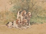 painting of a group of dogs resting on the ground in a wooded area
