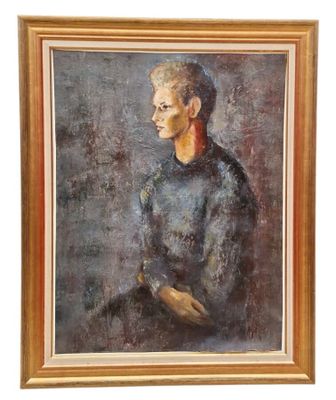a painting of a woman in a blue dress sitting on a chair