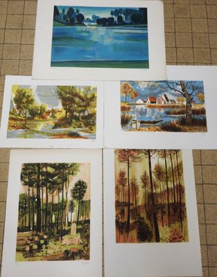 four paintings of trees and a lake on a tile floor
