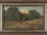 an oil painting of a man and a dog in a field