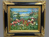 painting of a field of flowers with a view of the ocean