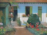 a painting of a house with a garden in front of it