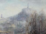 a painting of a view of a city from a hill