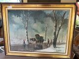 un tableau représentant une calèche tirée par des chevaux dans la neige
