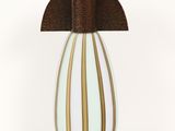 a white and brown vase with a brown top on a white background