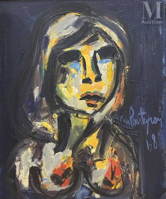 une peinture à l'huile représentant une femme vêtue d'une robe noire et jaune