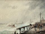 un tableau représentant un groupe de personnes debout sur une jetée