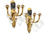 paire d'appliques murales anciennes en laiton, ornées d'une tête de femme et de deux bougies