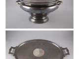 deux photos d'un plat en argent muni d'un couvercle et d'un plat en argent sur lequel est posé un autre plat en argent
