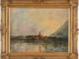 a painting of a lake with a castle in the distance