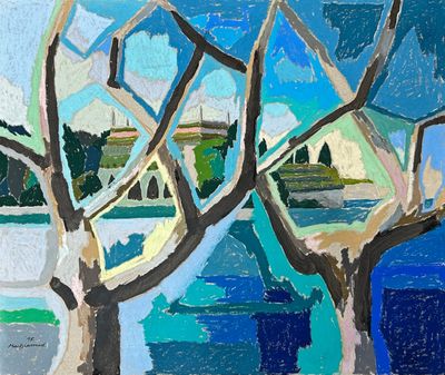 peinture représentant un tableau d'un arbre avec un ciel bleu en arrière-plan
