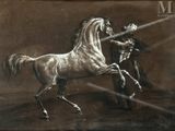 painting of a man on a horse being led by a man with a sword