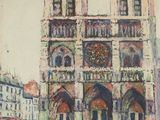 painting of a painting of a cathedral with a clock on the front of it