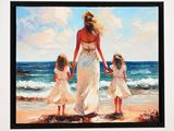 un tableau représentant une femme et deux enfants se promenant sur la plage